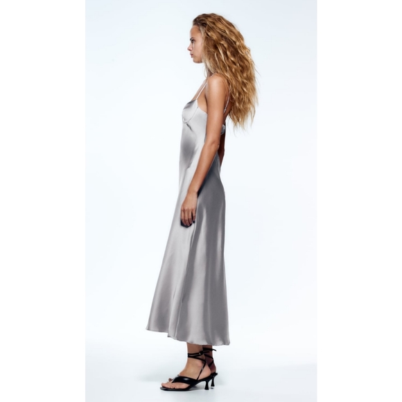Zara grey silver satin effect cut out slip dress - Picture 3 of 7